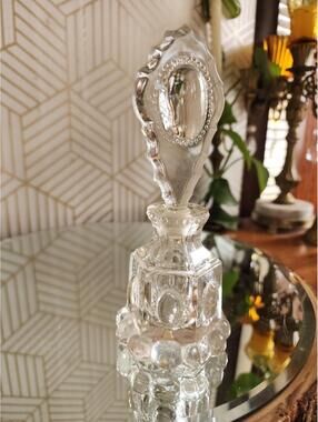 Vintage LE Smith Pressed Glass Perfume Bottle Beaded Medallion Art Deco 7” 1940s